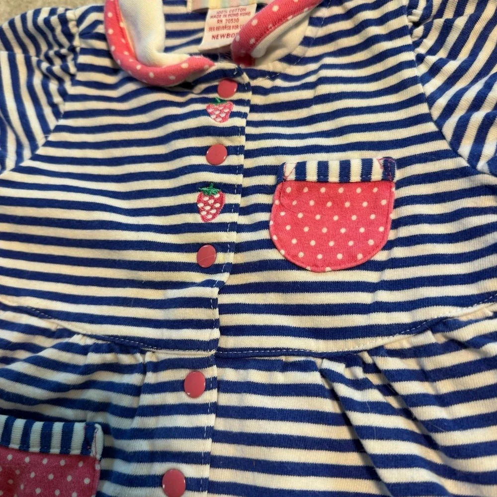 Vintage Gymboree Newborn Romper Blue Stripe Pink Strawberry Bubble Outfit 0-6